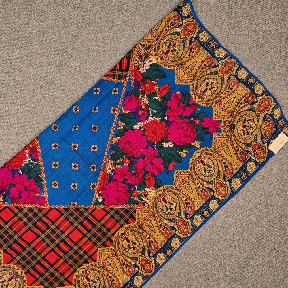 Echo 100% Wool Scarf 34" Square Floral Paisley Plaid Challis Blue Multicolor NWT